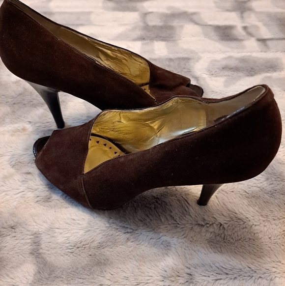 BCBG Brown Suede Heels With Open Toe - Picture 1 of 9
